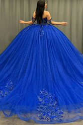 Royal Blue Off-Shoulder Ball Gown Beaded Pleated Tulle Quinceanera Dress for Sweet 16 & Formal Evenings